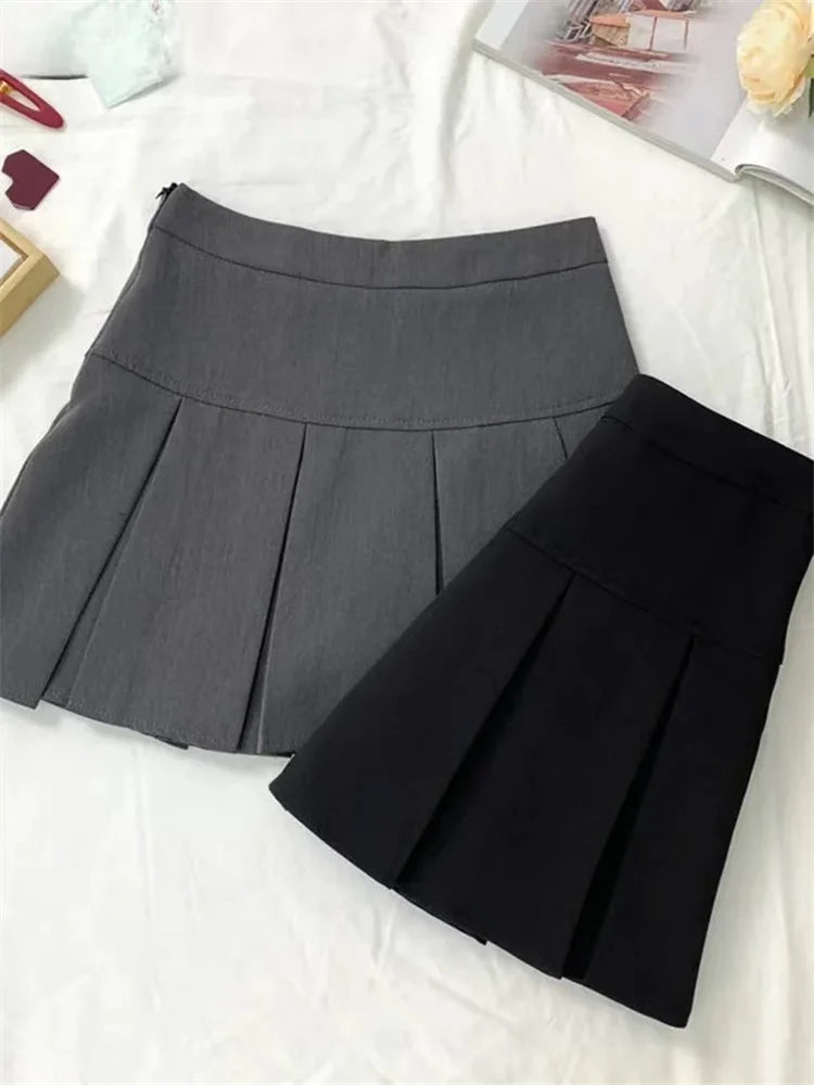 Vintage Gray Pleated Skirt Women Kawaii High Waist Mini Skirts Korean Fashion School Uniform Harajuku Streetwear Spring